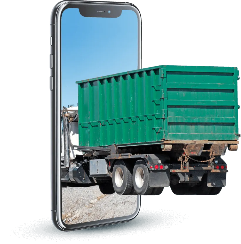 grafica telefono e camion con cassone per ritiro rifiuti